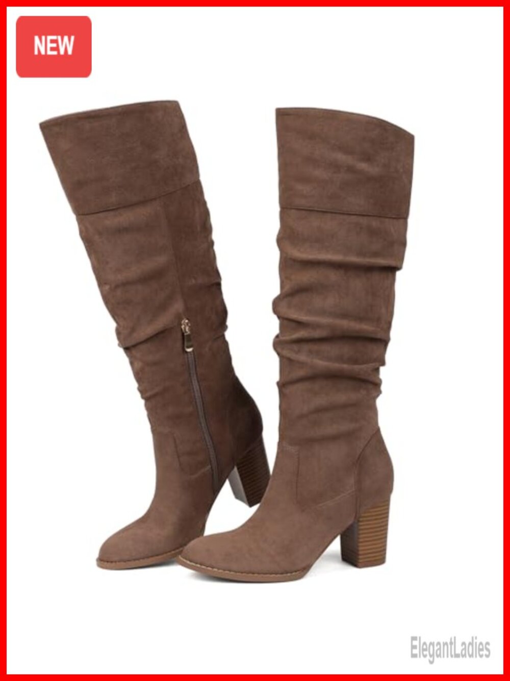 Suede Slouch Knee High Boots Chunky Heel Pull On Tall Boot
